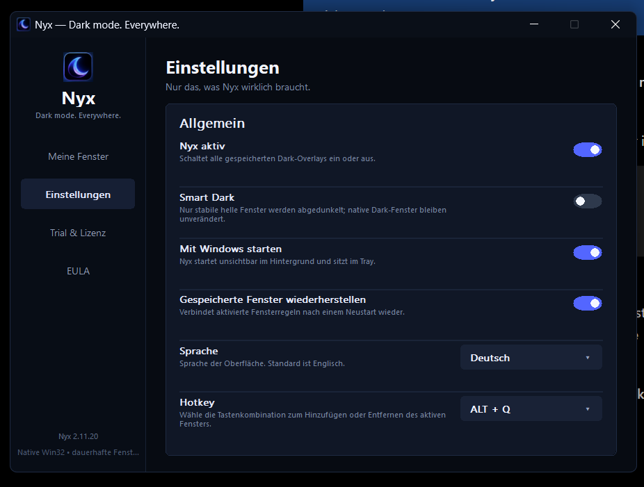 NYX settings window showing Smart Dark and saved-window restoration
